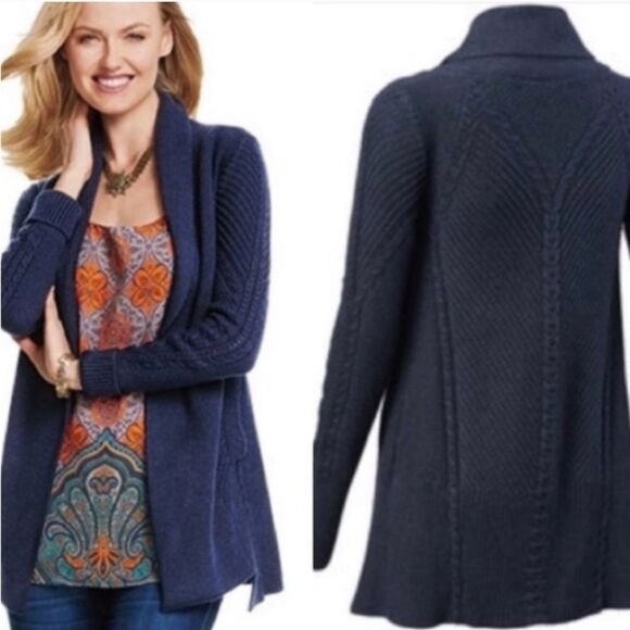 Cabi Countryside Cable Knit Cardigan Sweater medium Navy blue fishermancore open - Picture 1 of 8